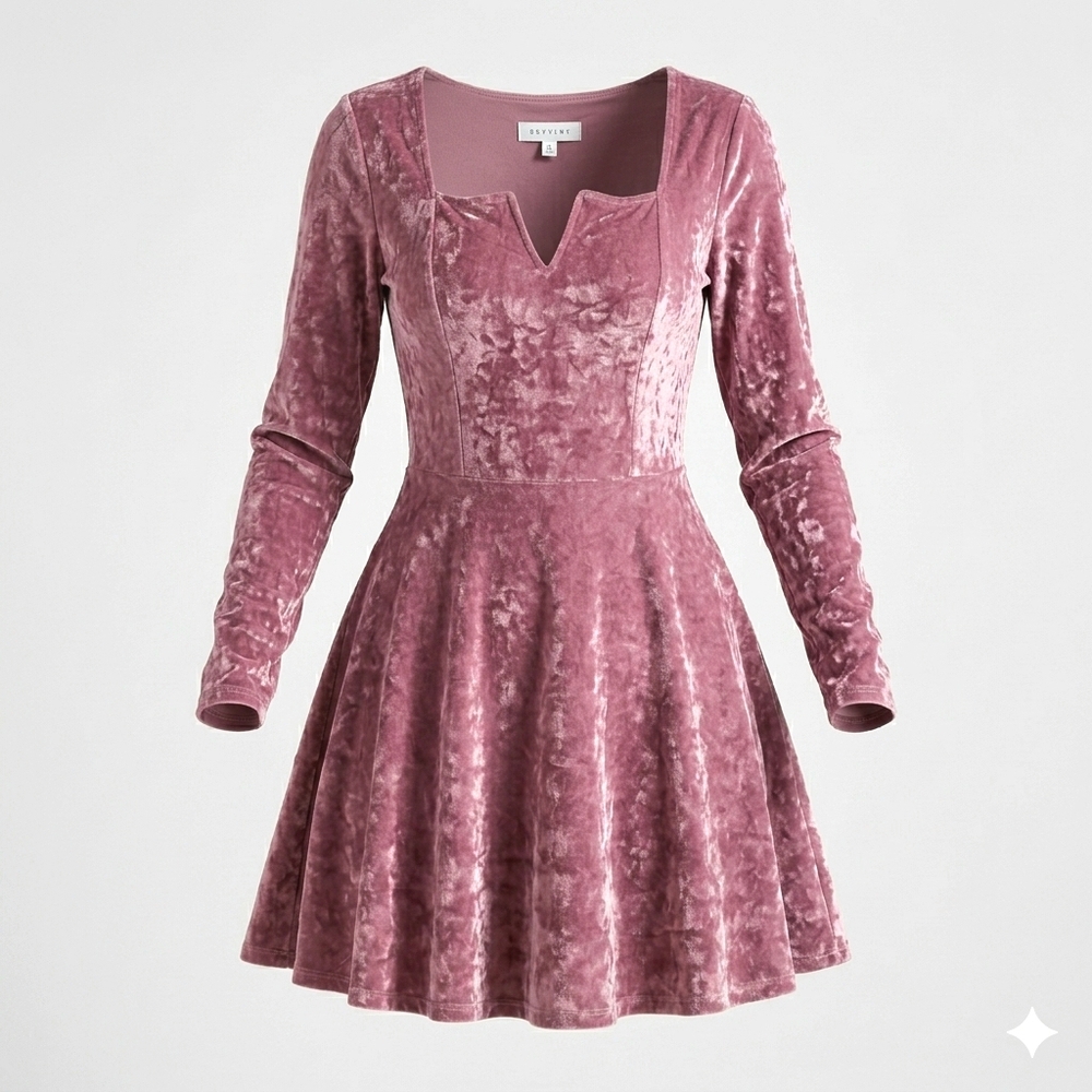 Aeropostale Mauve Rose Crushed Velvet Notched Square Neck Skater Mini Dress S